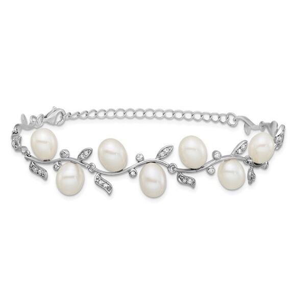 Sterling Silver Rhodium-Plated Pearl & CZ Leaf Bracelet (7” + 1” Extender) - Picture 1 of 5